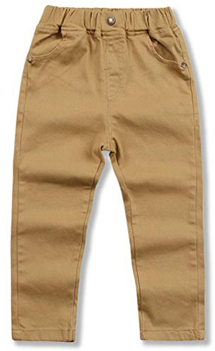 BINIDUCKLING Boy's Uniform Pants Straight-fit Chino Pants Elastic Waistband Pull On School Trousers for Boys(Khaki,110/4T)