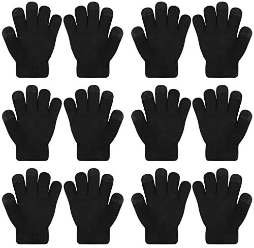 QKURT 6 par handskar för barn, mjuka plyschhandskar, pekskärmhandskar, vinterhandskar för pojkar och flickor 5 till 11 år för Cykling Running Studie, Svart, 15cm(5.9inch)