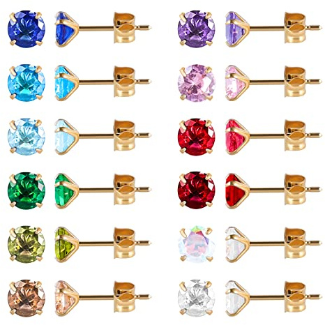 Lot de 12 paires de boucles d'oreilles à tige en acier inoxydable chirurgical plaqué or 18 carats avec pierre de naissance en forme d'étoile, de cœur, Acier inoxydable, Zircone cubique