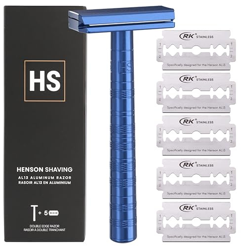 Henson Shaving Razor Rasierhobel mit 5 Ersatzklingen, Stahl, Blau, 30° abgewinkelte Präzision mit überlegener Klingensteifigkeit, wiederverwendbare Einklingen-Rasierer für Männer und Frauen, leichte