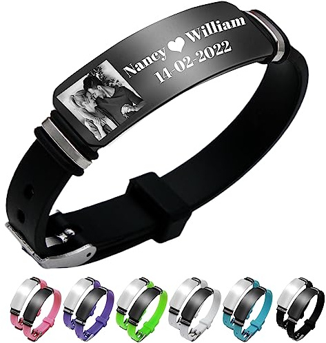 ASSETBAG Bracciale Uomo Personalizzato Bracciale con Foto Personalizzata in Acciaio Inossidabile Inciso, Bracciali in Silicone Nome Inciso Regalo per il Fidanzato Bracciale San Valentino
