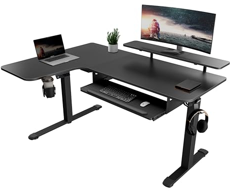EUREKA ERGONOMIC Höhenverstellbarer Schreibtisch 155x110 cm Großer Eckschreibtisch Höhenverstellbar Schreibtisch Höhenverstellbar Elektrisch Gaming Tisch L Form mit Tastaturablage, LED Monitorständer