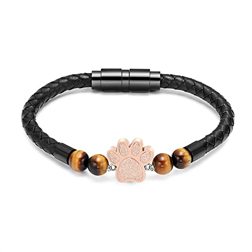 Cremation Jewelry Lava Stone Urn Bracelet for Ashes For Women Men,Cremation Bracelet for Pets Ashes,Dog Paw Pendant Bangle Stainless Steel Memorial Urn Jewelry (Style 1, 22CM, Rose Gold)