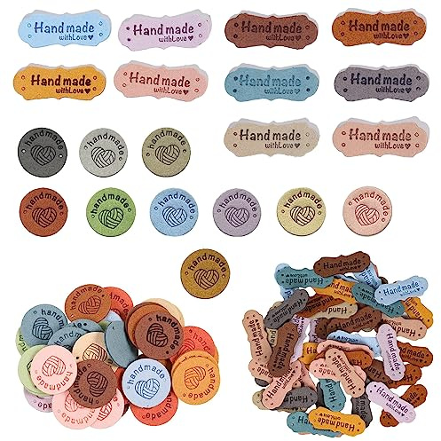 Handgefertigte, mit Löchern, geprägte und gehäkelte Etiketten, 80 Stück | Rechteckig und runde Lederetiketten für selbstgemachte Hüte und Kleidung. Handmade label zum nähen. Label für mütze