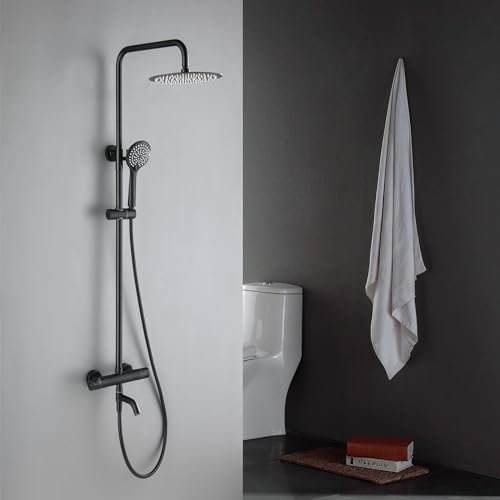 BEITH Duschsystem mit Thermostat, 3 Funktionen Wandmontage Regendusche mit Armatur, 10inch/25cm Runden Duschkopf aus Edelstahl 304, 90° Drehung Badewannenarmatur, Messingventil, Höhenverstellbar