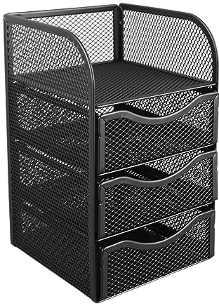 Brevkorg med 4 nivåer, 20,5 x 12,8 x 12,5 cm brevbricka, skrivbordsorganisatör med glidlåda, brevbricka, pappersorganisatör för brevmappar, brevpapper, metallnät, svart
