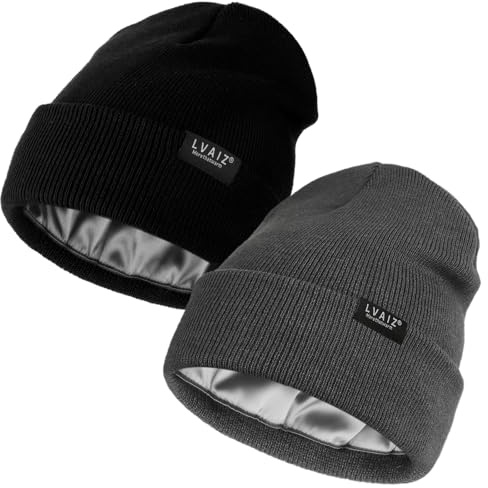 2-pack satinfodrade mössor för män kvinnor vinter varm stickad manschett silke fodrad slouchy skalle keps, Svart+mörkgrå, one size