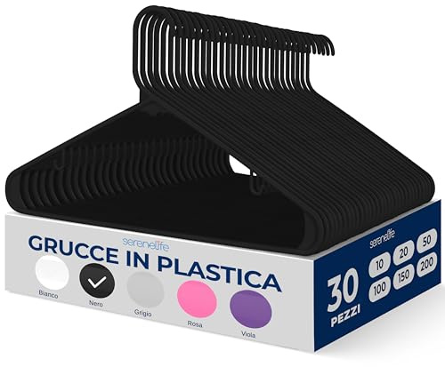 SereneLife Confezione da 30 Grucce Appendiabiti in Plastica, Stampelle Armadio Antiscivolo, Appendiabiti Salvaspazio Resistenti per Camicie, Maglioni, Vestiti e Abiti Leggeri