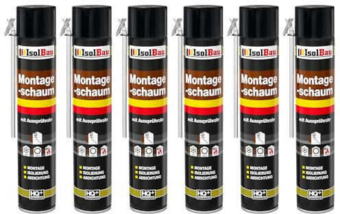 Isolbau Bauschaum B2 Montageschaum mit Aussprührohr - PU-Pistolenschaum Adapterschaum für Montage, Isolierung, Abdichtung, Innen & Außen - 6 x 750 ml