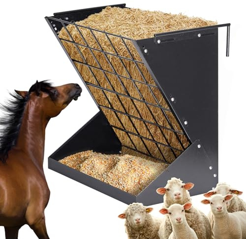 PAUQRWIE Hay Feeder for Goats 25 Gallon Horse Hay Rack Wall Mount 2 in 1 Hay and Grain Feeder Metal Livestock Mineral Feeders for Sheep Nigerian Dwarf Goats, Hanging, Adjustable