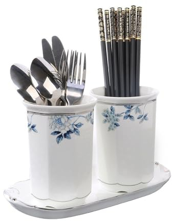 Portautensilios 2 Piezas Soporte for Utensilios Estilo Lavado de Tinta China, Organizador de Utensilios de Cerámica de Cocina for Encimera, Elegante Soporte for Cubiertos con Orificio de Drenaje Bote