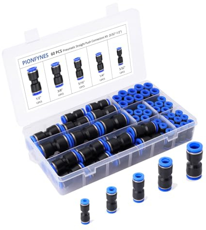 PIONFYNES 60PCS Straight Push Connectors Quick Release Plastic Push to Connect Fittings Kit 5/32 1/4 5/16 3/8 1/2 inch Quick Connect Air Hose Fittings