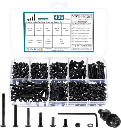436 Pcs Vis et écrous, M3 Vis Boulons et écrous, Vis et Boulon et Rondelles Set, Vis à Tête Hexagonale, Assortiment Kit, Visserie Boulons Vis à Six Pans Creux à Tête Ronde pour Réparation, Noirs