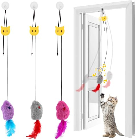 FINEASY 3 Stück Katzenspielzeug Selbstbeschäftigung Hängende Türrahmen, Hängendes Katzenspielzeug Maus, Katzenspielzeug Mäuse mit Quietschgeräusch und Federschwanz für Spielen und Training der Katze