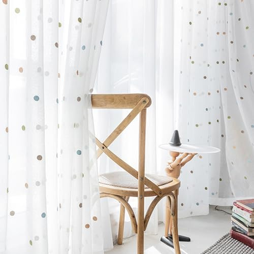 CERTNKI Eyelet,W200xL270cm, 2 Stück Kinderzimmer Voile Vorhang Bunt Punkte Stickerei Transparent Gardinen Für Wohnzimmer Schlafzimmer Transparent Gardinen