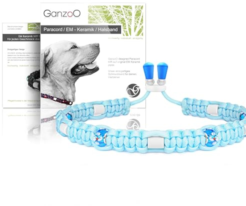 Ganzoo EM Keramik Zier-Hunde-Halsband Paracord 550 handgeknüpft mit EM Tubes und Zierperlen, weich und atmungsaktiv, wasserfest, verstellbar mit Kordelstopper, L 52-64 cm, Himmelsblau Blume