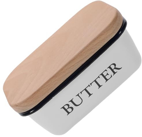 Garneck Enamel Butter Holder with Wood Lid, Square Butter Container for Cheese Freshness Keeping, Sturdy Kitchen Storage Box, 15 x 10 x 7.5cm, for Dining and Entertaining