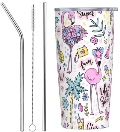 Botella de agua de 20 onzas con tapa y popote, vaso aislado de verano con flamenco, vasos de acero inoxidable, taza de café de viaje, vaso personalizado