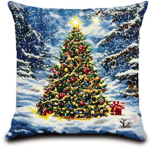 11CT Kreuzstich Kissen Set, Weihnachtsbaum Stickkissen Mit Stickgarn 45X45cm Kreuzstichkissen Set zum Basteln Stickkissen Stickpackung mit Vorgedruckt Kreuzstichmotiv