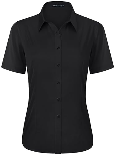 J.VER Black Shirts for Women Fitted Stretch Short Sleeve Summer Business Casual Button Down Shirt Formal Dress Work Ladies Tops Blouses S