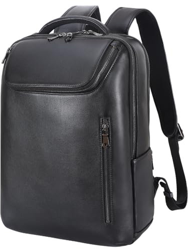 TIDING Sac à Dos Ordinateur en Cuir Professionnel 15,6 Pouces pour Homme et Femme Voyage Bureau Travail Rucksack Daypack, Noir