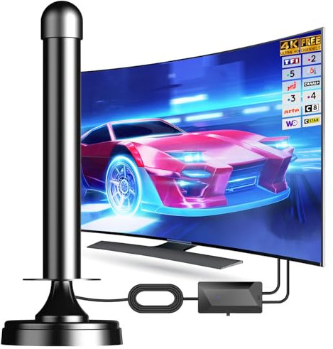 DGUPSP Antenne TV Intérieure Puissante TNT HD, 2025 Le Plus récent Antenne TV Intérieur avec Amplificateur de Signal à Gain Élevé, Réception Longue Portée à 360° avec Base Magnétique