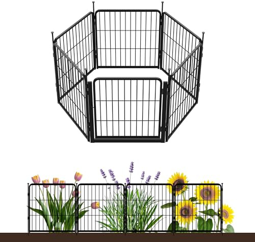 Decorative Garden Fence with Gate 60 cm(H) x 3.4 m(L) 6 Panels, Heavy Duty Metal Animal Barrier Fence for Yard, Flower Bed Fencing, Garden Border Fences, Easy Set Up, Black