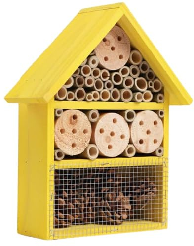 rightclick Wooden Bee Butterfly & Insect Hotel, Wildlife Bee Insect Hotel House Garden Nest Shelter Box, Hanging House for Pollinator Bees, Ladybugs, Carpenter Bee (H30xW25xD10cm) (Yellow, Small)