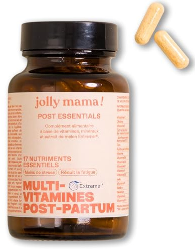 Jolly mama! Multi Vitamines Post Essentials | 17 Nutriments Clés Post-Partum | Avec Actif Breveté Extramel | Bien-Être Après Accouchement | Compatible Allaitement | Fabriqué en France | 60 Gélules