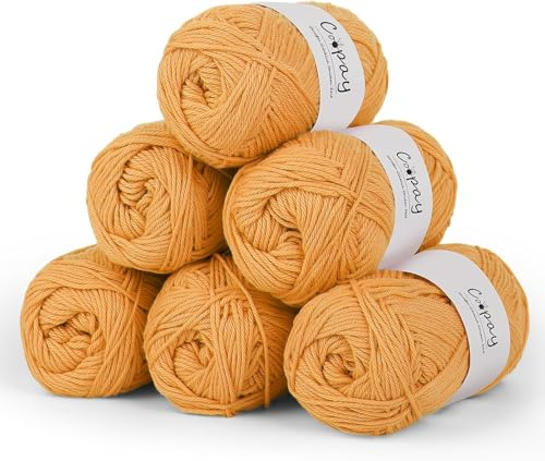 Coopay 100% Cotton Yarn for Crochet and Knitting, 6 x 50g Crochet Cotton Yarn, 4 Ply Soft Cotton Knitting Yarn, Ideal Cotton Crochet Yarn for Dishcloth, Baby Blankets, Socks, Hats - Turmeric