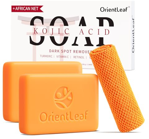 ORIENTLEAF Kojic Acid Soap, Sapone all’Acido Kojico con Rete Africana, Turmeric Soap 113 g, Sapone Viso e Corpo, Profumo Fresco di Agrumi, con Vitamina C e Retinolo, Confezione da 2