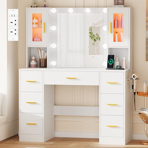 BEWISHOME Dressing Table with Mirror and LED Lights,Power Outlet,RGB Light
