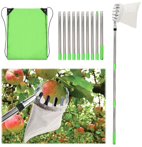 4M Apple Picker with Telescopic Handle,Fruit Picker with Head Basket,10 Sections Fruit Picker Tool with Fabric Bag Holder and Drawstring Storage Bag,Fruit Grabber Easy to Assemble