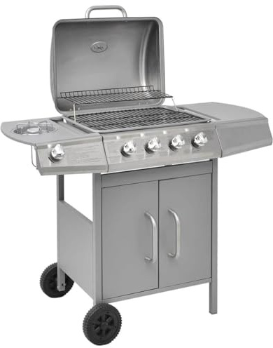 Mokuyary Gasgrill 4+1 Flammen Silbern, BBQ Gas Grillwagen, Mobiler Grillrost Grill für Garten, Camping, Outdoor