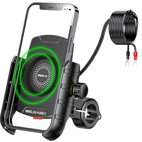BIKE IT Compact Motorcycle Mobile Phone Wireless Charger Holder, USB-C, Universal Phone Fitment, IP66 Waterproof, 360-Degree Rotation, 15W Quick Charge, Motorbike Scooter Cellular Mount