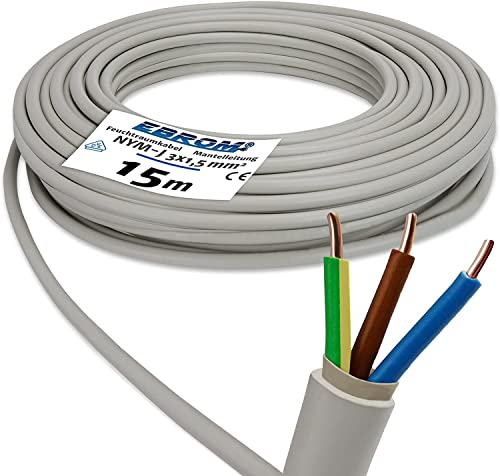 EBROM NYM-J 3x1,5 mm² - Mantelleitung - Installationsleitung - Feuchtraumleitung - grau - große Auswahl in vielen Längen in 5 Meter Schritten bis 250 Meter am Stück - Ihre Länge: 3x1,5 mm2, 15 Meter