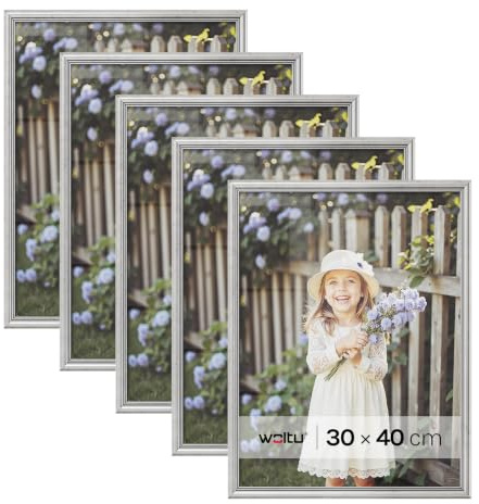 WOLTU Bilderrahmen 30x40, 3er set, Massivholz Fotorahmen mit Passepartout | Silber, Front aus PS-Platte, Posterrahmen zum vertikalen oder horizontalen Aufhängen und Aufstellen, Collage Wanddeko