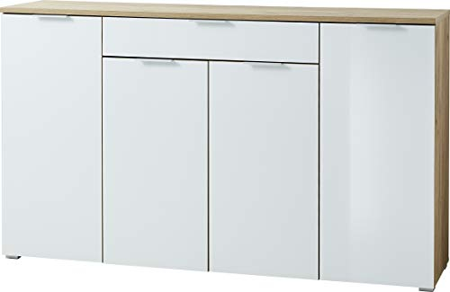 Sideboard/Kommode Paterna, in Navarra-Eiche-Nachbildung/Weiß, Fronten mit Glasauflage, mit einer Schublade und 4 Türen, 179 x 105 x 40 cm (BxHxT)