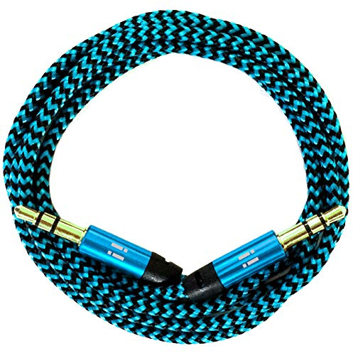 i! - 1m Premium Nylon AUX Audiokabel Klinke 3,5 auf Klinke 3,5 mit Metallsteckern - blau türkis