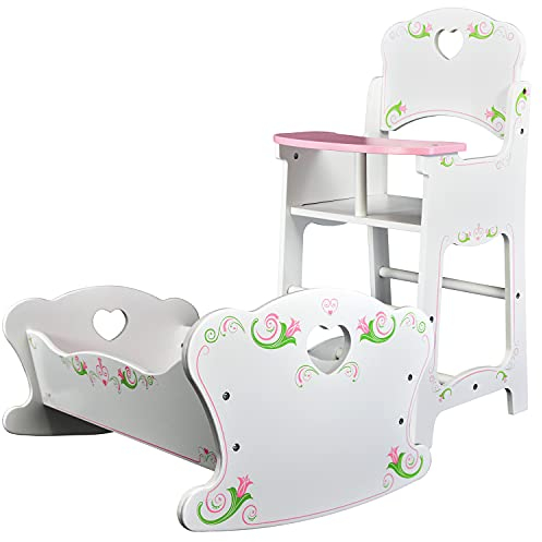 The Magic Toy Shop BiBi Doll Wooden Baby Doll Highchair and Rocking Cradle Set – Furniture for Baby Doll Accessories and Reborn Dolls Accessories - Baby Doll Cot Dolls Crib Dolls Bed Dolls Highchair