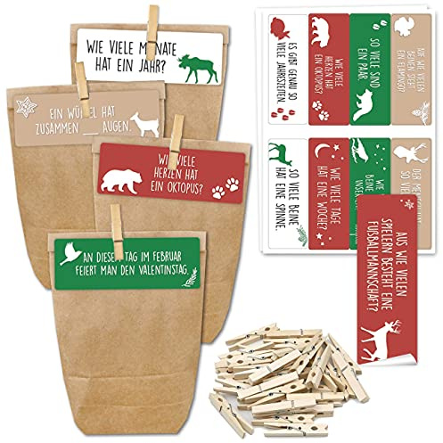Papierdrachen Adventskalender 2025 zum Befüllen - 24 Geschenktüten und 24 Zahlenaufkleber und Klammern - Motiv Kinderquiz - zum Befüllen und basteln - Weihnachten - Mini Set Nr 274
