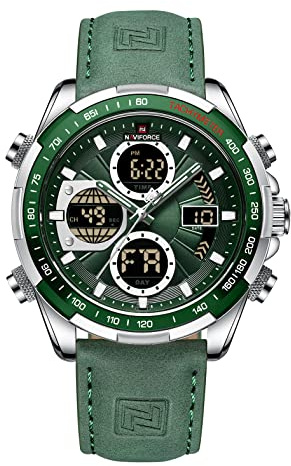 NAVIFORCE Orologio digitale da uomo di lusso in pelle analogico al quarzo impermeabile moda business cronografo militare multifunzionale, Argento, Cinturino