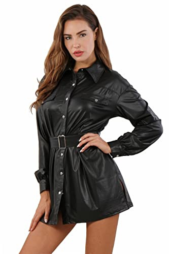 MISS NOIR 205401 Damen Wetlook HemdKleid Clubwear Sexy Minikleid Lederlook Partykleid