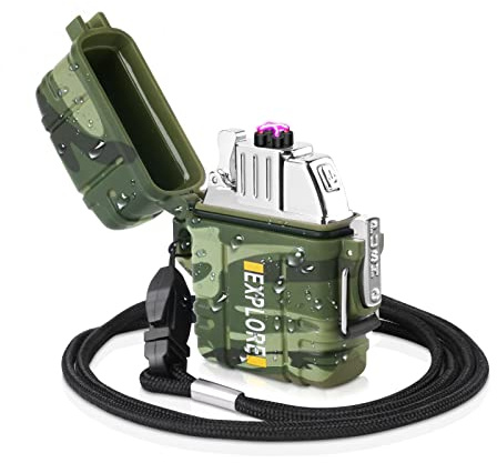 Flintronic Mechero Recargable USB,Mechero ElectróNico de Doble Arco Impermeable con Cordón,Portátil,Ecológico y Fácil de Usar,Resistente para Camping,Senderismo,Supervivencia al Aire Libre-Camuflaje