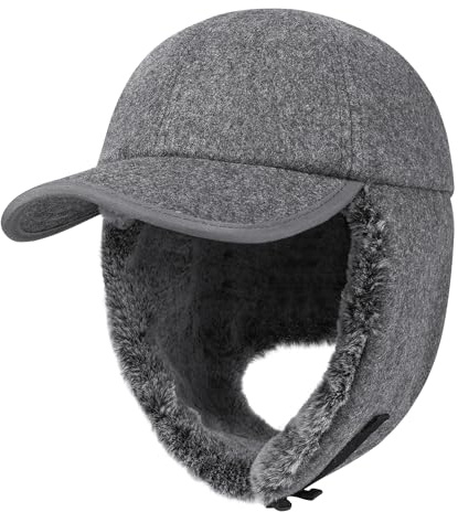 PivotWing Fellmütze Basecap mit Ohrenklappen für Männer Frauen. Kunstfell-Futter, Wolle-Stoff, Super warm