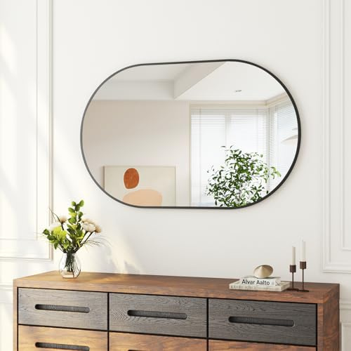 Boromal Badspiegel 80x50cm Ovaler Spiegel Schwarz Badezimmerspiegel Vertikal/Horizontal Dekorative Wandspiegel für Badezimmer, Wohnzimmer, Gäste WC