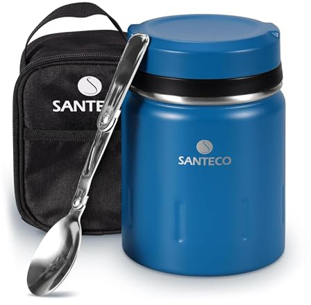 SANTECO Termosbehållare för mat 500 ml | rostfritt stål varmhållningsbehållare med sked och bärbar isoleringspåse | matbehållare | matbehållare barnmat | hålla maten varm behållare | termisk lunchlåda