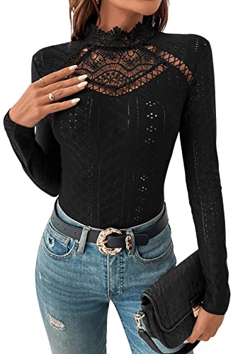 GORGLITTER Body elegante para mujer - Cuello alto - Ojales bordados - Mangas largas - Con inserción de encaje, Negro , XS