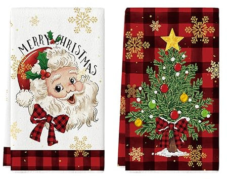Artoid Mode Lot de 2 torchons de cuisine motif Père Noël, arbre à carreaux, 42 x 65 cm, décoration de Noël