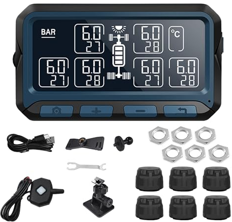 Dual Charging Mode TPMS, 0-13.7BAR Wireless Solar Tire Pressure Monitor Universal Multifunctional Tyre Monitoring System with 7 Alert Modes and 6 Sensors (Sensing Distance 20M)